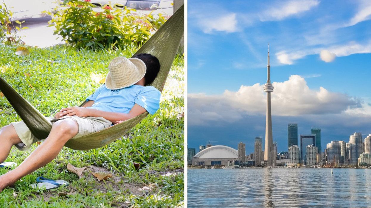 A person napping in a hammock. Right: Toronto skyline on a sunny day.