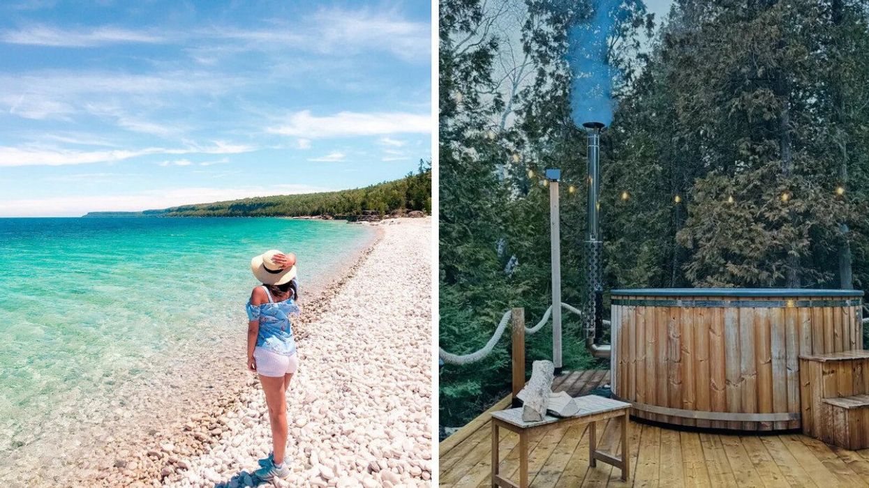 A person on a beach in Tobermory. Right: A wood-burning hot tub.