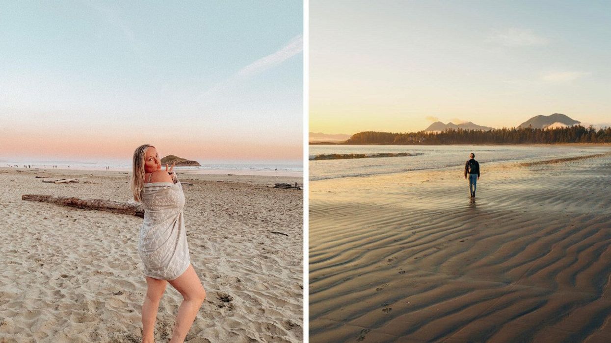 A person on a beach. Right: A beach with mountains in the backround.