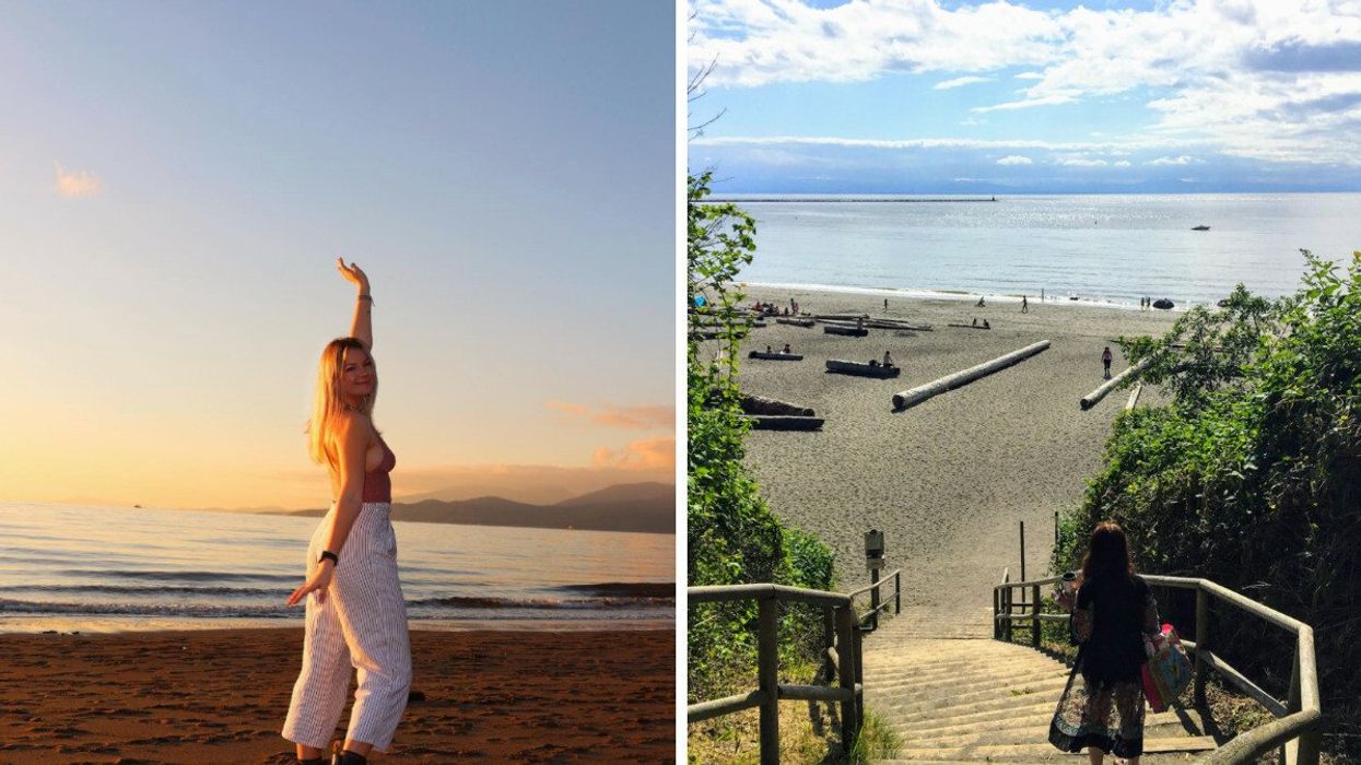 A person on a beach. Right: A beach.
