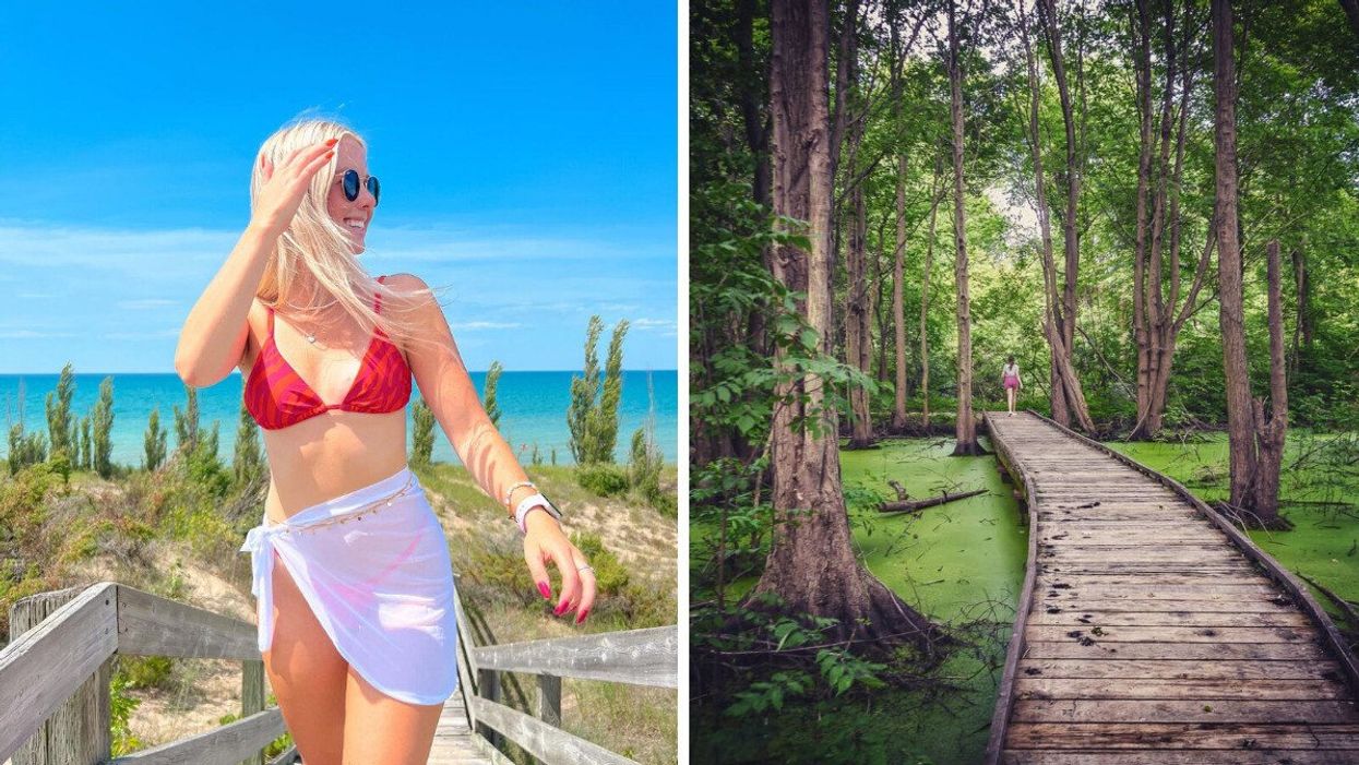 A person on a beach. Right: A boardwalk trail.