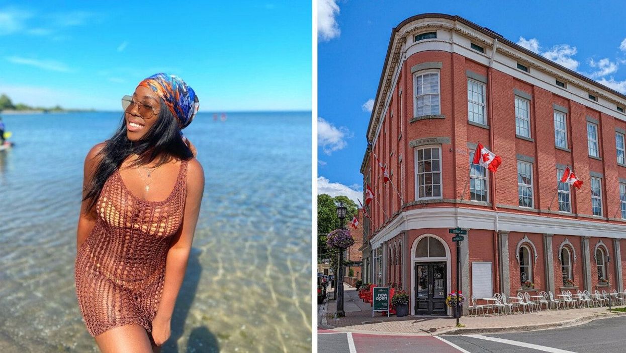 A person on a beach. Right: A historic building.