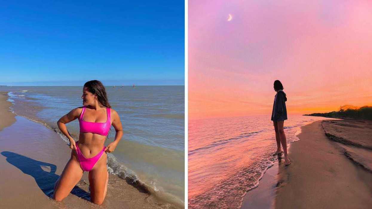 A person on a beach. Right: A person on a beach at sunset.