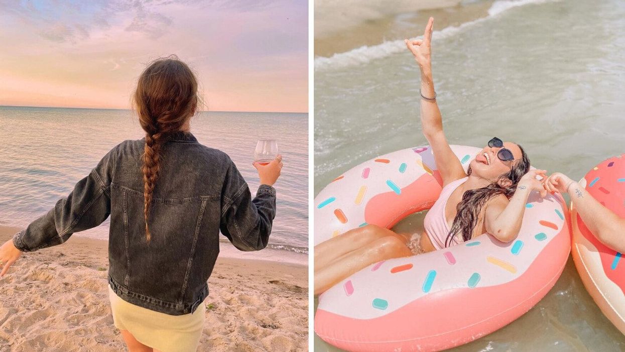 A person on a beach. Right: People in donut tubes on a beach.