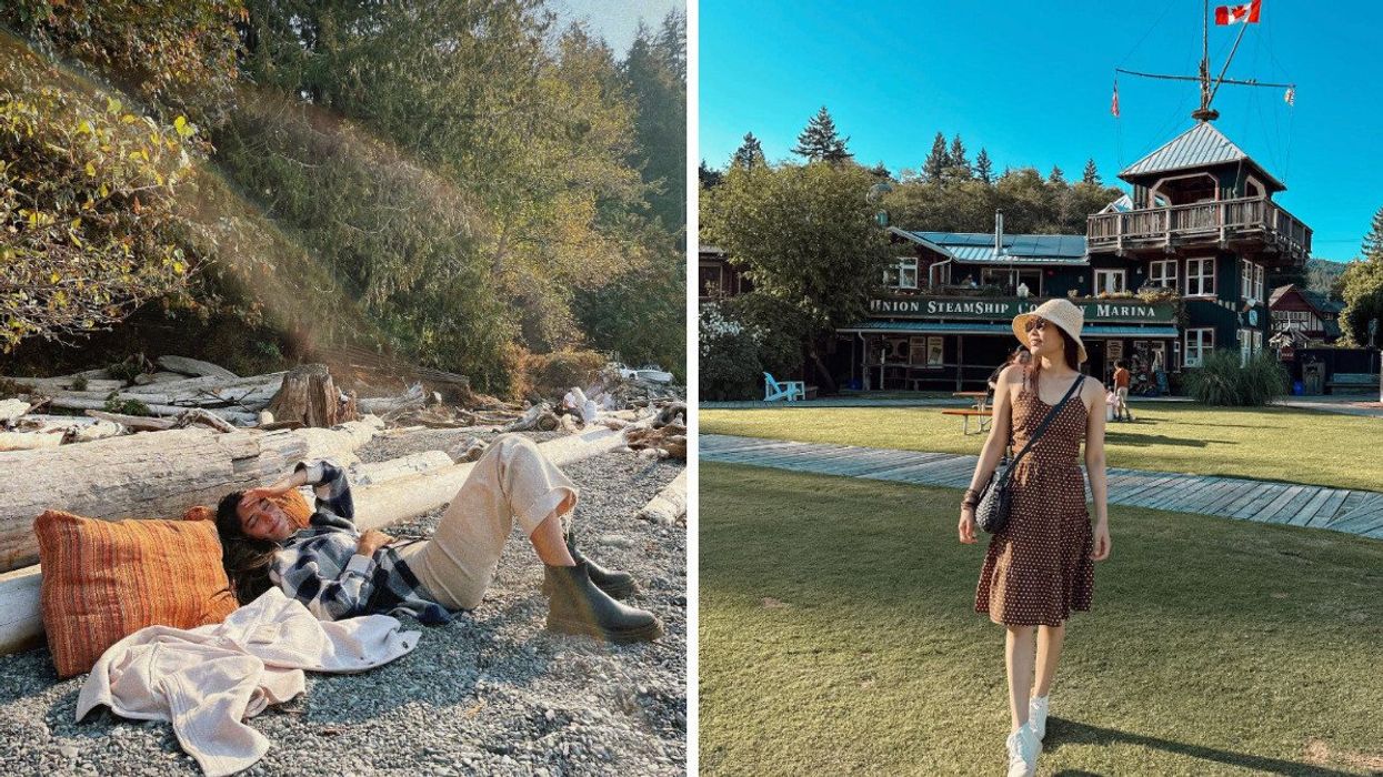 A person on a beach. Right: Someone in a small town in BC.