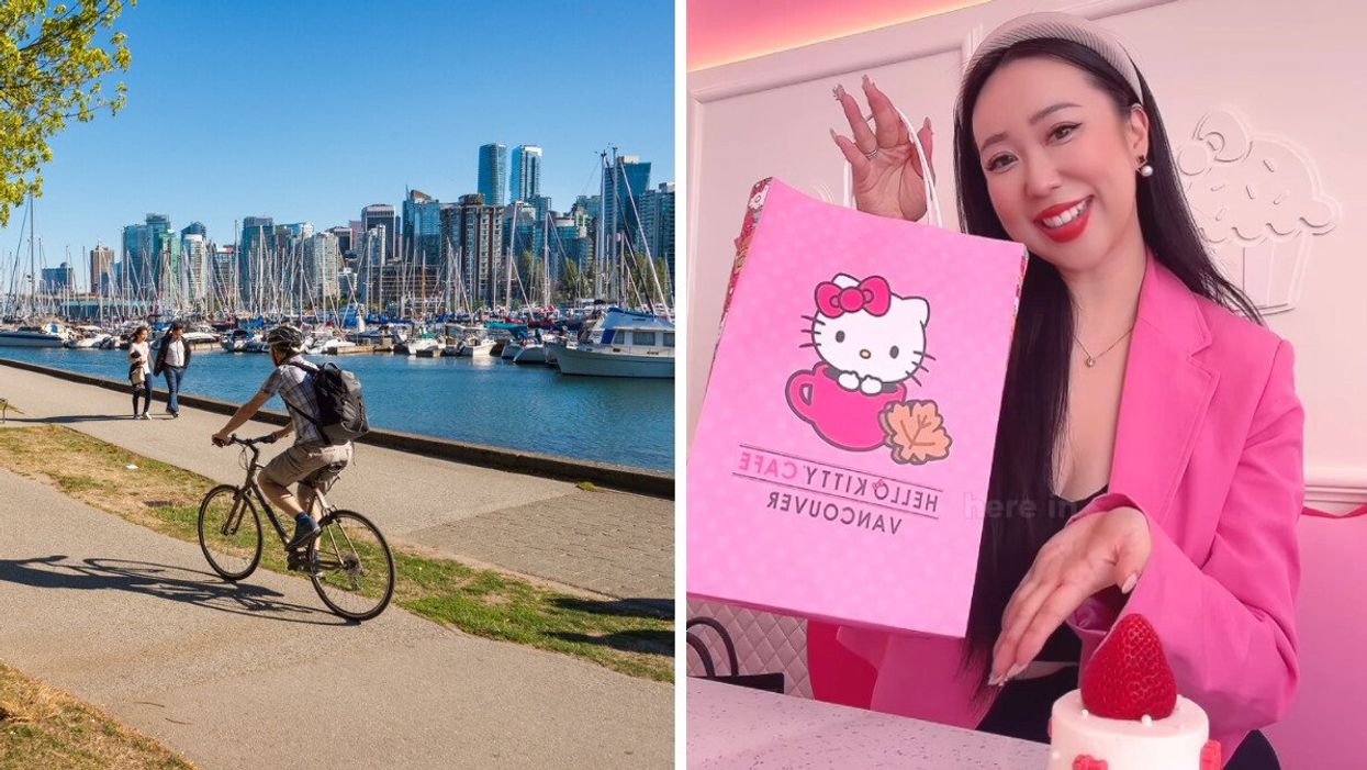 A person on a bike and two people walking along the water with tall buildings and boats nearby. Right: A woman wearing a pink jacket holding up a bag that says Hello Kitty Cafe Vancouver.
