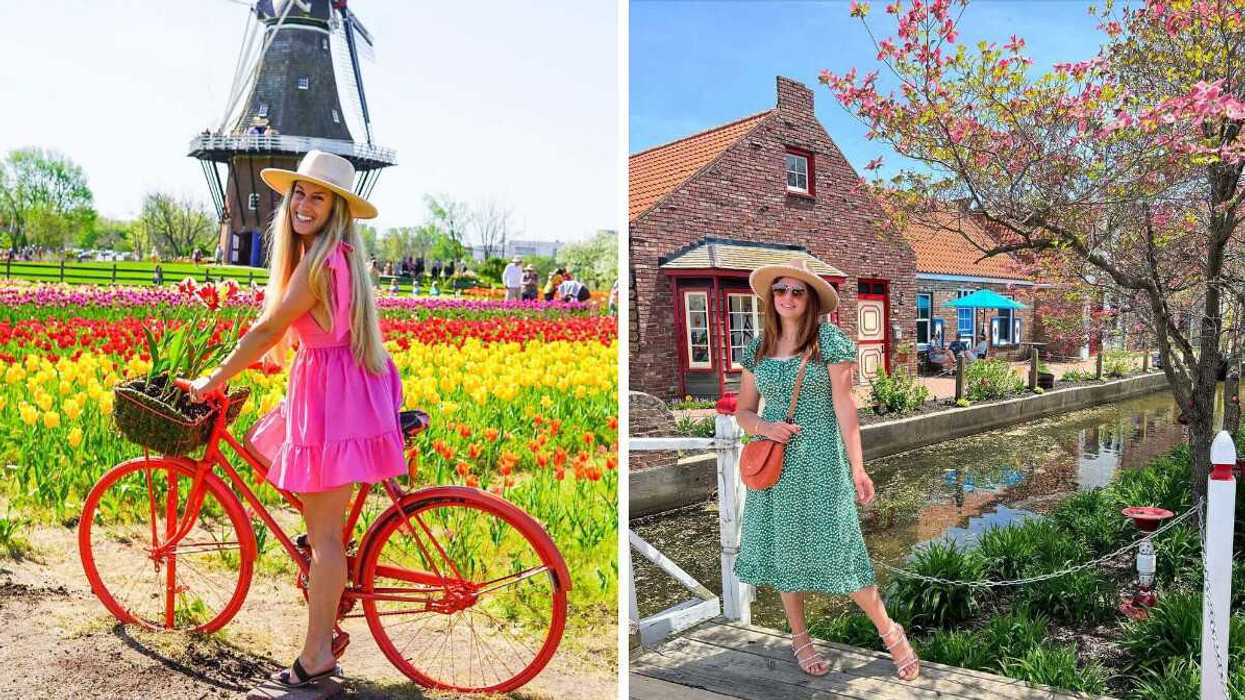 A person on a bike near a windmill. Right: A person standing by a canal.