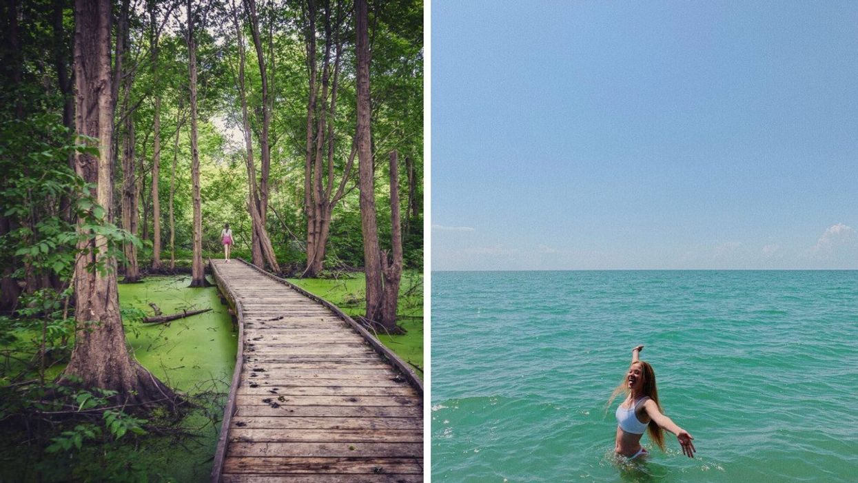 A person on a boardwalk. Right: A person swimming in blue water.