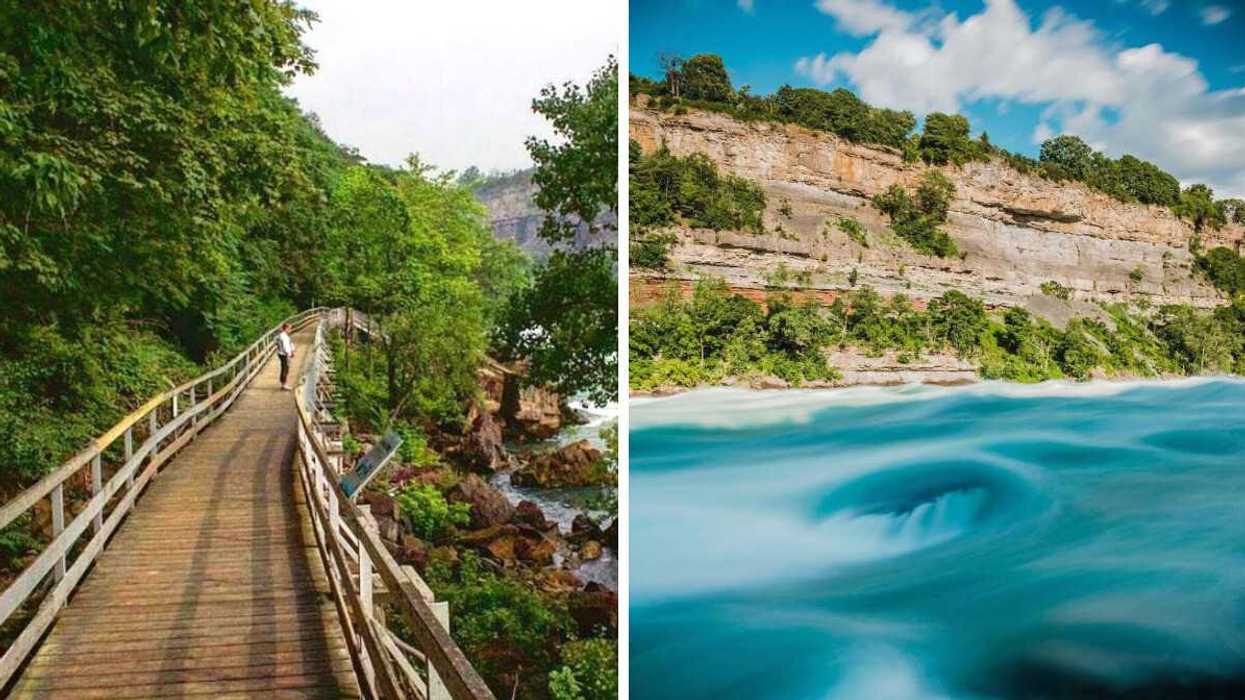 A person on a boardwalk trail. Right: Turquoise water in a gorge.