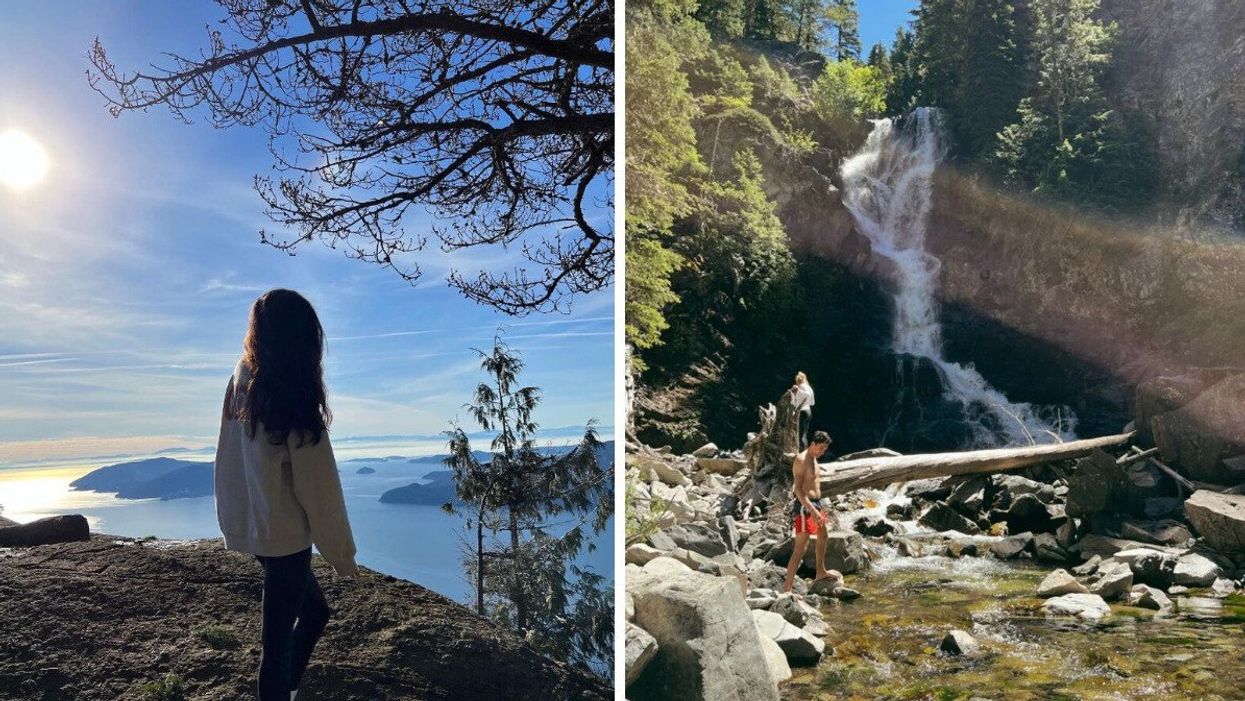 A person on a hike at a viewpoint. Right: A person at the bottom of a waterfall.