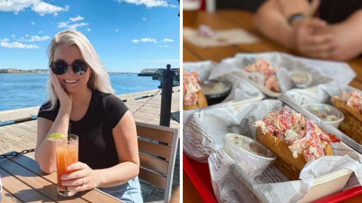 A person on a patio in Halifax. Right: Lobster Rolls.