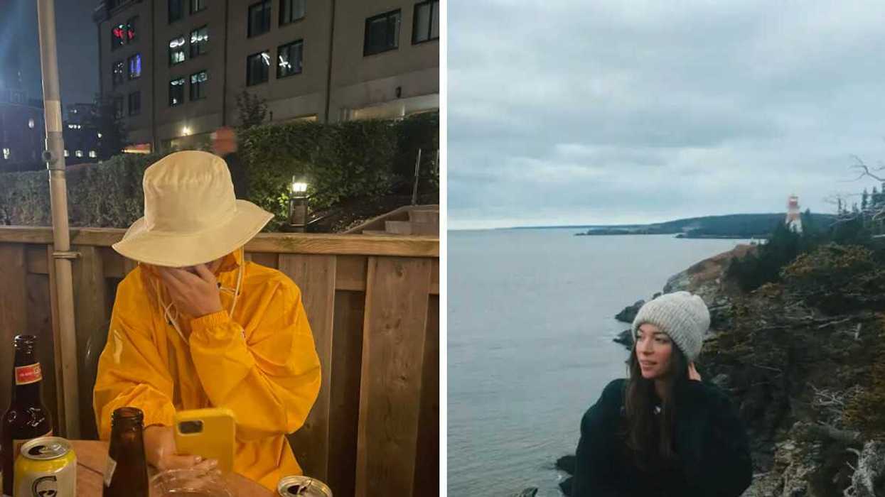 A person on a patio. Right: A person on a hike.