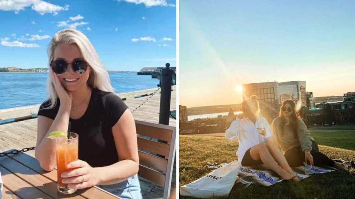 A person on a patio. Right: People having a picnic.