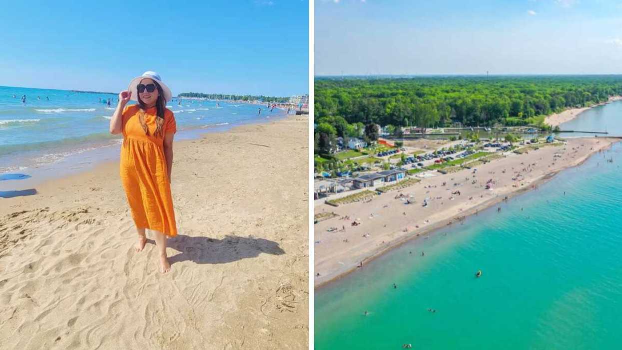 A person on a sandy beach. Right: An aerial view of a beach.