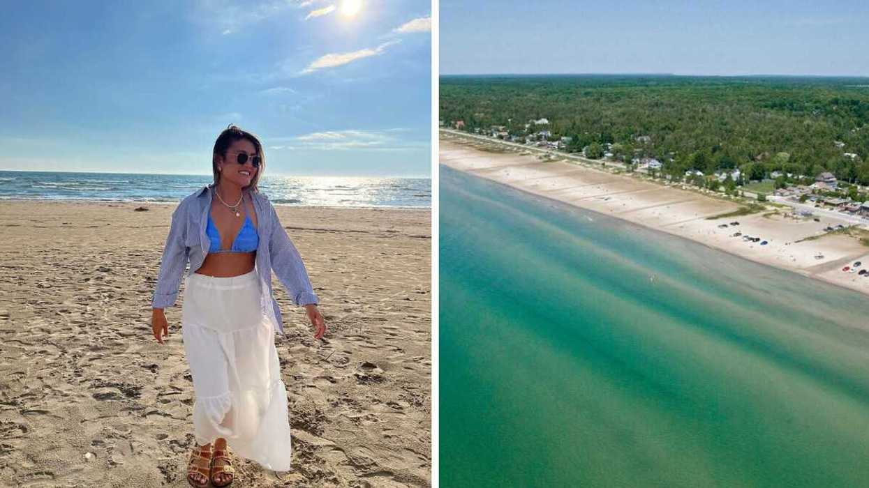 A person on a sandy beach. Right: An aerial view of a beach.