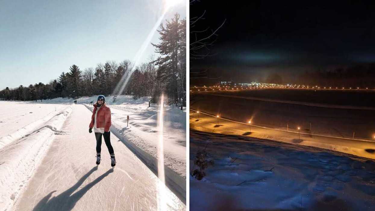 A person on a skating trail. Right: A skating trail lit with torches.