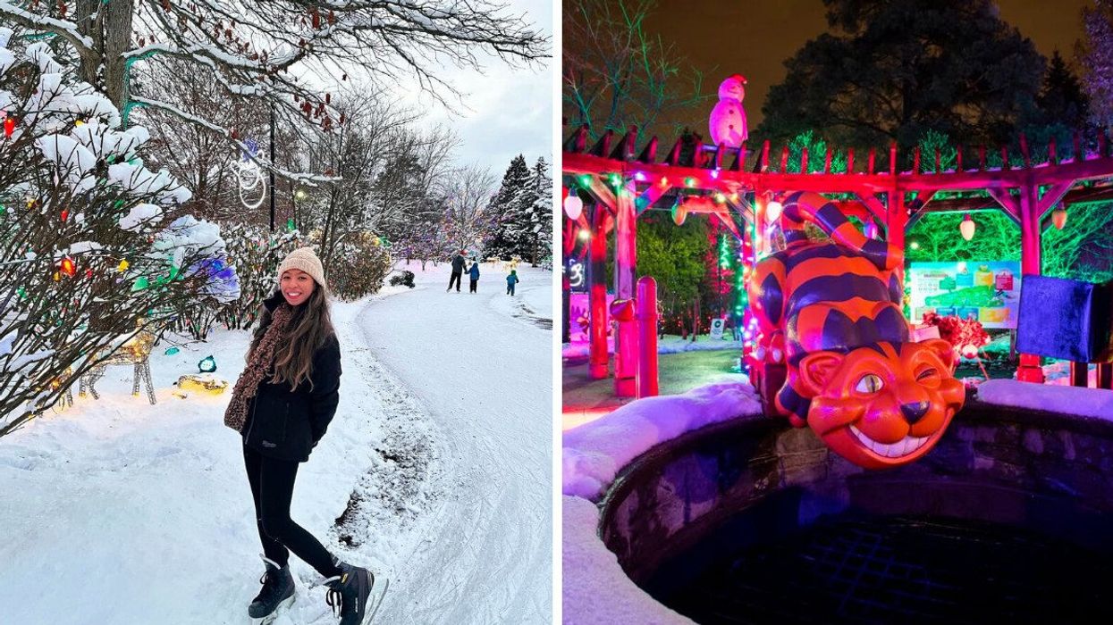 A person on a skating trail. Right: A statue of the Cheshire Cat.