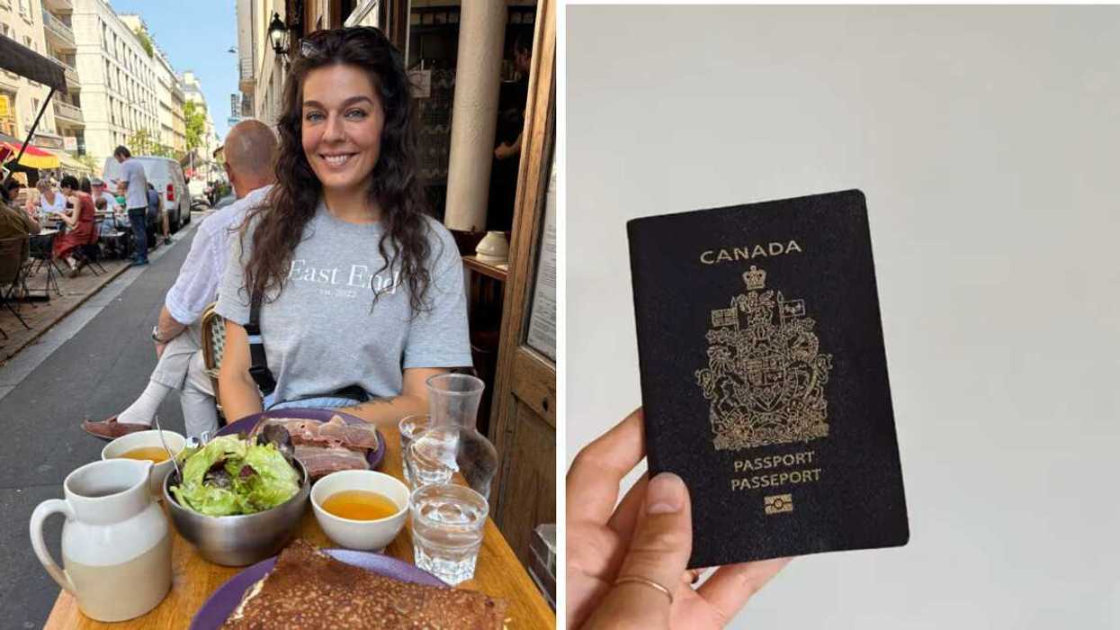 A person on a street in France. Right: Canadian passport.