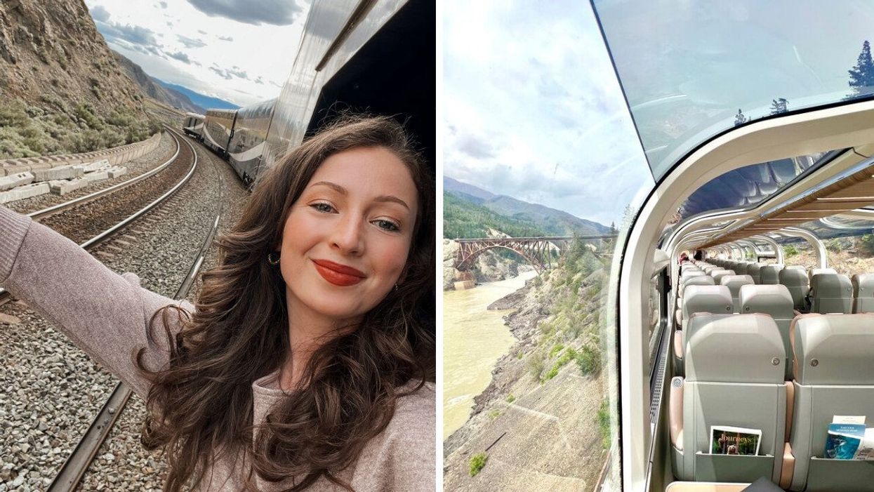 A person on a train. Right: A glass-domed train.