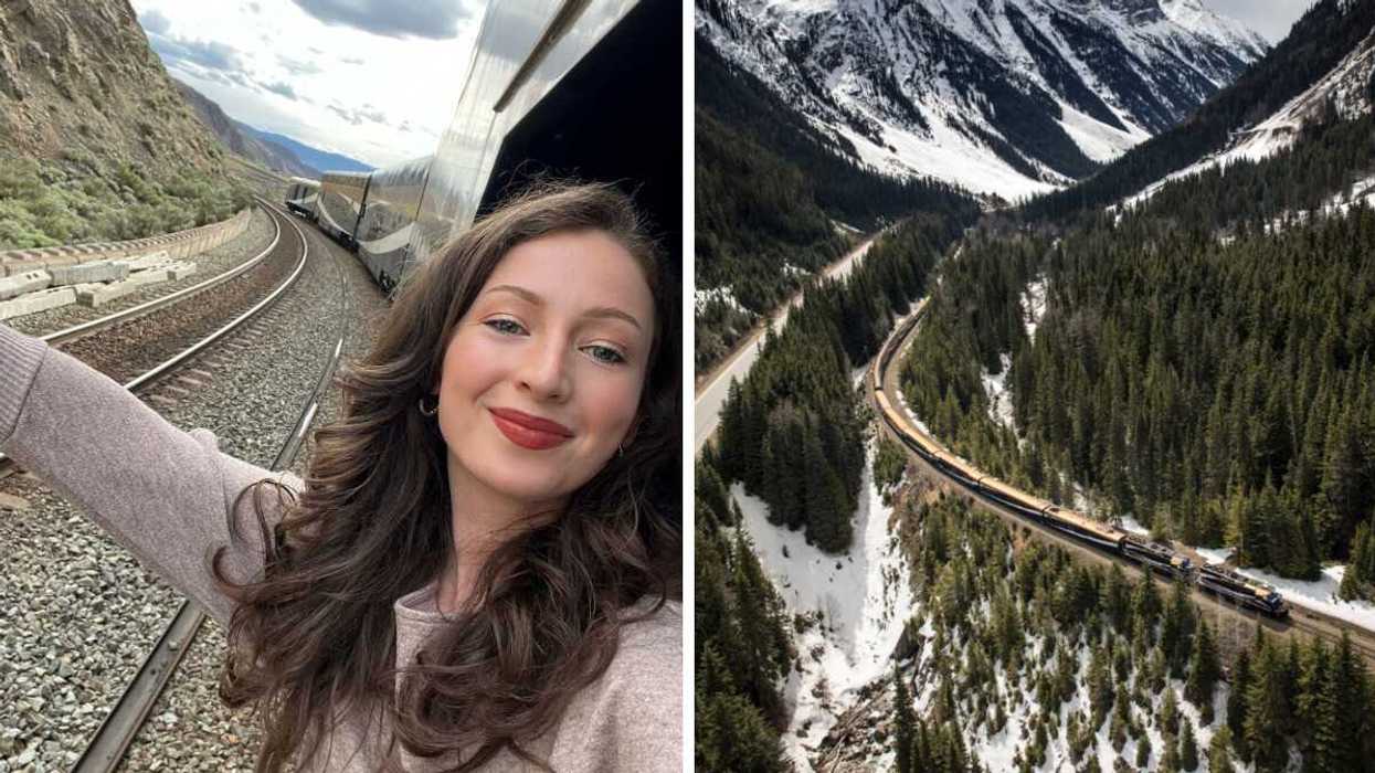 A person on a train. Right: A train travelling through the mountains.