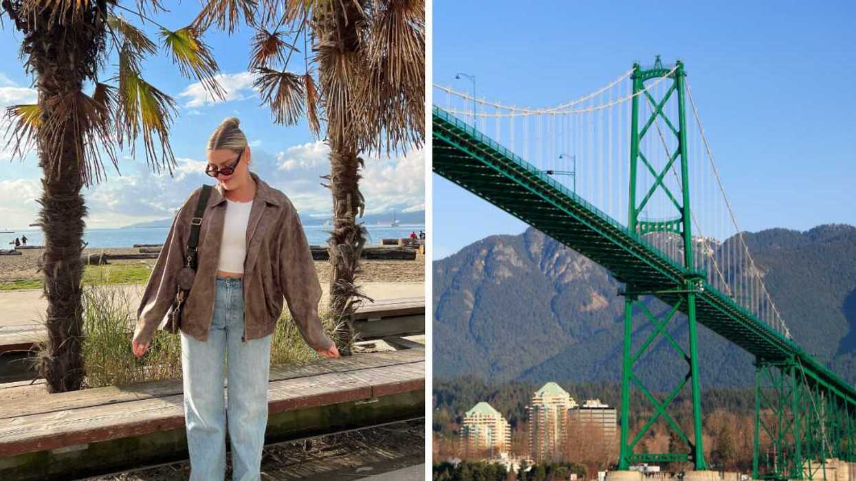 A person on a Vancouver sidewalk. Right: Lions Gate bridge in Vncouver.