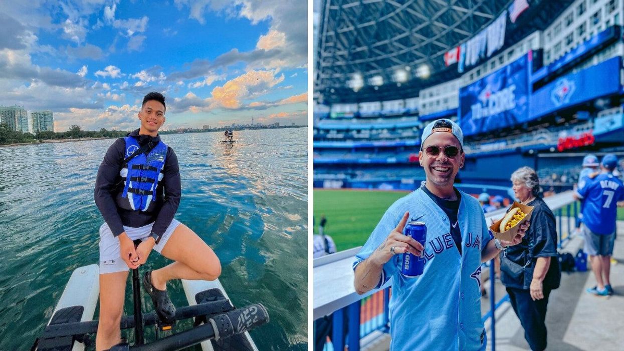 A person on a water bike. Right: A person at a baseball game holding a hot dog.