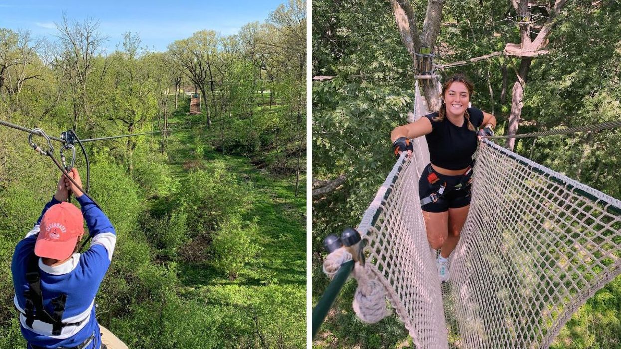 A person on one of the ziplines at Go Ape Zipline & Adventure Park. Right: A woman on the obstacle course at Go Ape Zipline & Adventure Park.