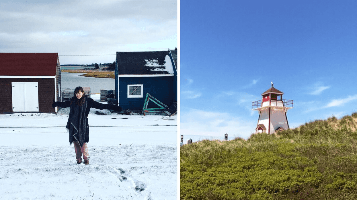 A person on P.E.I. Right: A P.E.I. lighthouse.