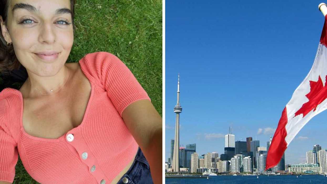 A person on the grass. Right: A Canadian flag in Toronto.