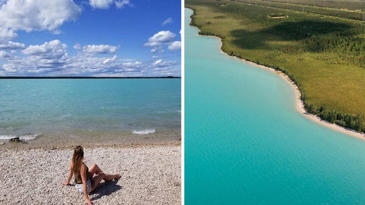 A person on the rocky beach at Little Limestone Lake. Right: An aerial view of Little Limestone Lake.