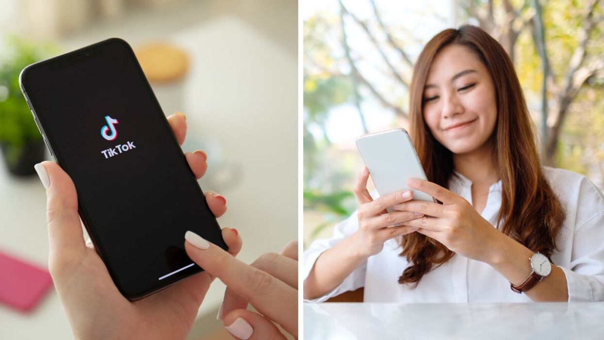 A person opening the TikTok app on their phone. Right: A woman watching TikTok videos on her phone.