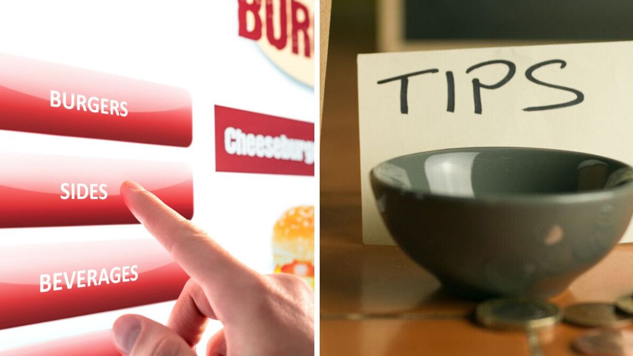 A person ordering food at a self-service kiosk. Right: A tip jar at a cafe.