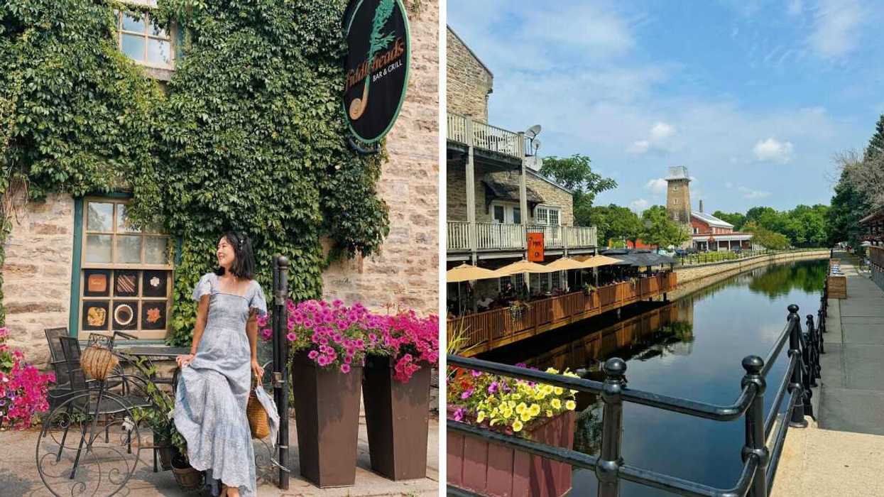 A person outside a stone building. Right: A canal with a patio.