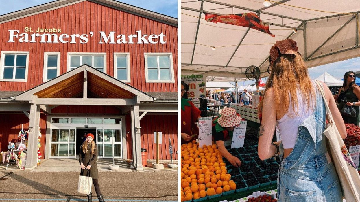 A person outside St. Jacobs Farmers' Market. Right: A person at the market.