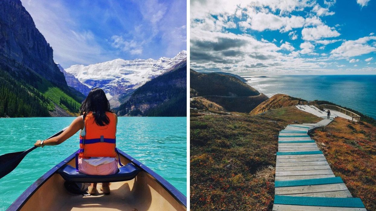 A person paddles a boat at Banff National Park. Right: Cape Breton Highlands National Park.
