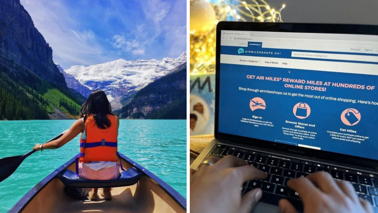 A person paddles a canoe on Lake Louise in Alberta. Right: A computer on the Air Miles website.
