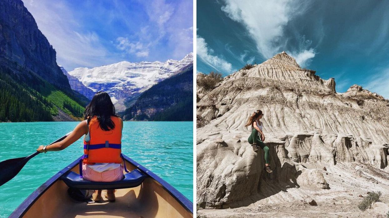 A person paddles a canoe on Lake Louise in Alberta. Right: A person at Dinosaur Provincial Park, Alberta.