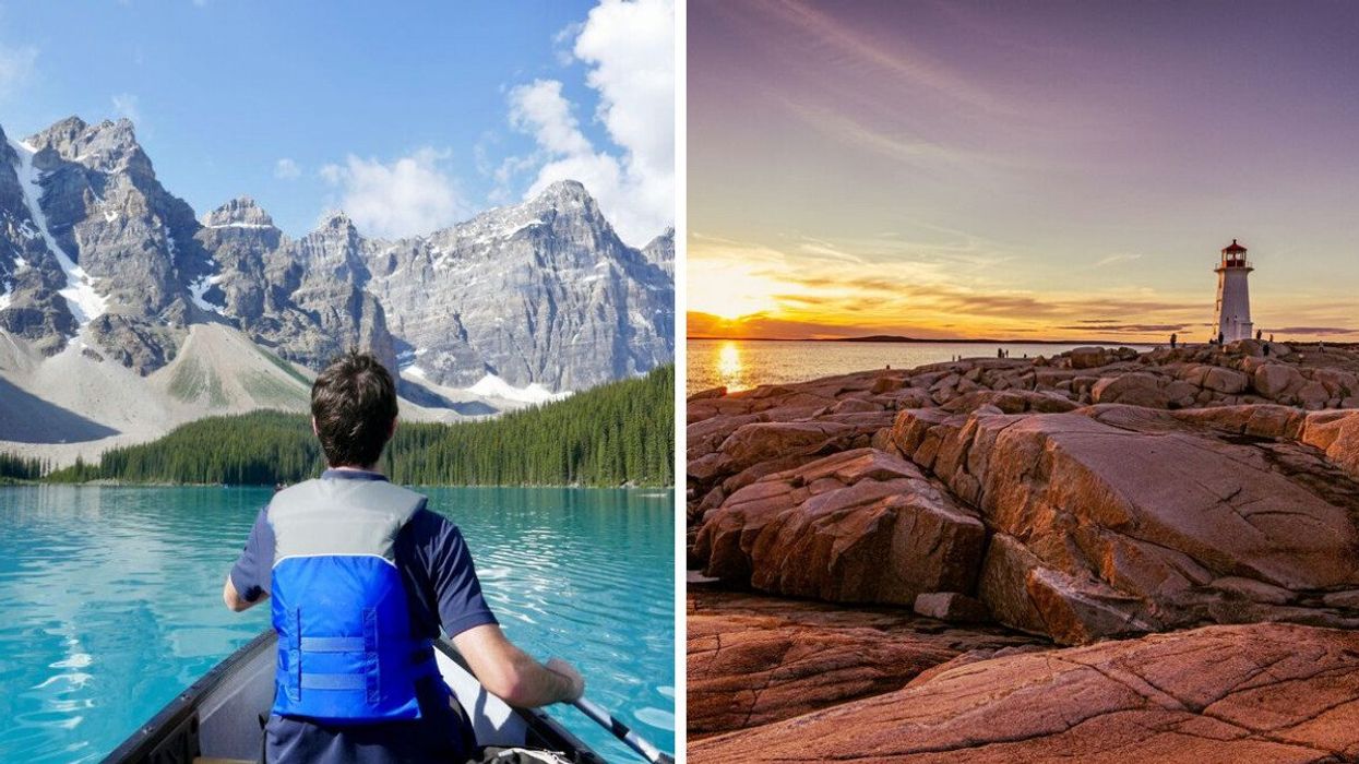 A person paddles on a lake in Alberta. Right: Peggy's Cove in Nova Scotia.