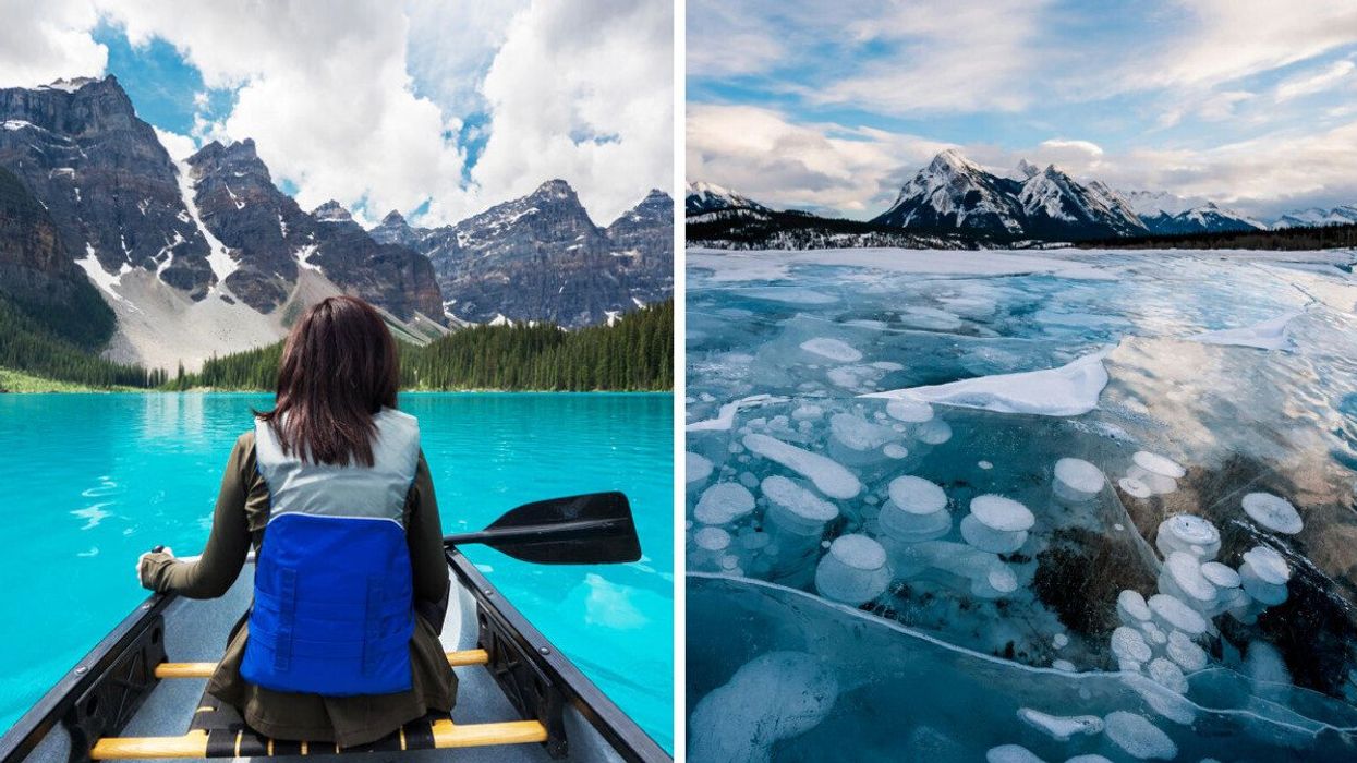 A person paddles on a lake. Right: Ice bubbles on a lake.