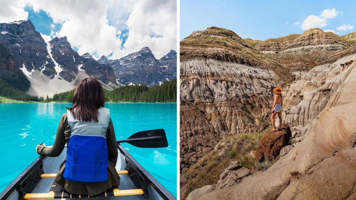 A person paddles on Lake Louise. Right: A person in the Canadian Badlands.