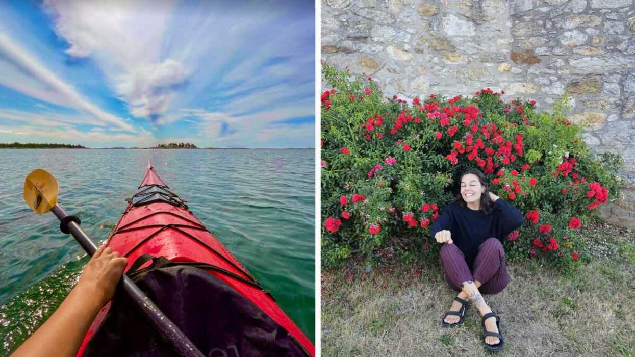 A person paddling though a lake. Right: A person sitting and smiling in front of flowers