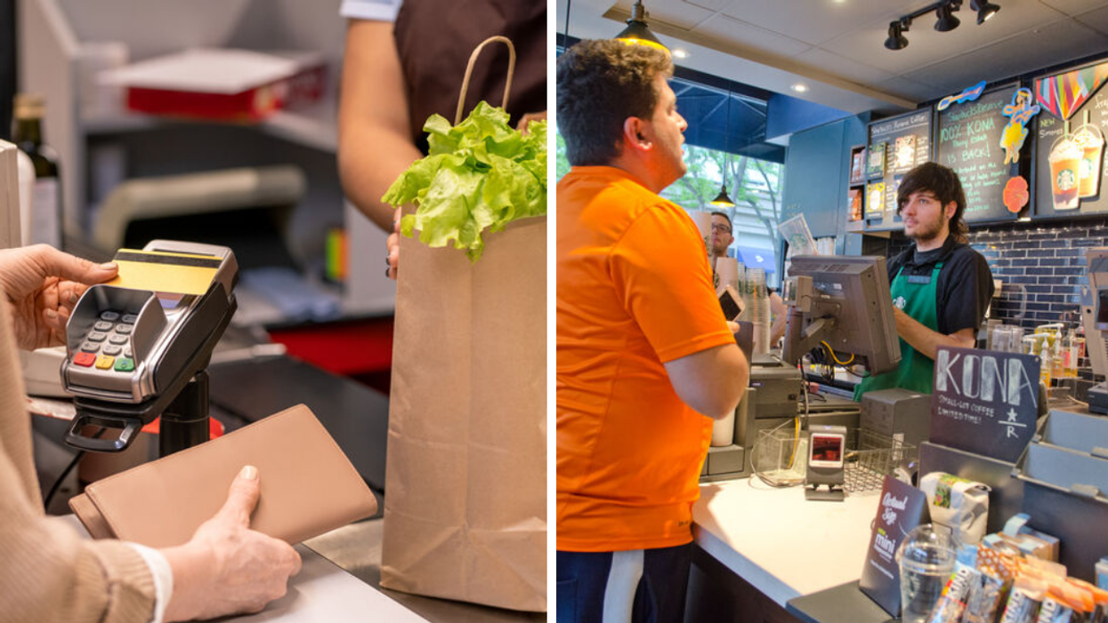 A person pays a cashier at a store. Right: An employee at a coffee shop.