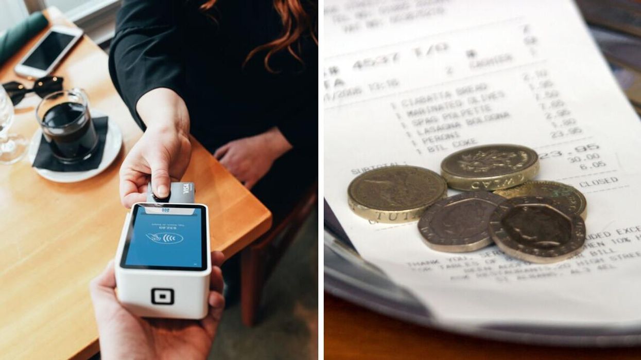 A person pays with a credit card. Right: Coins on a receipt.