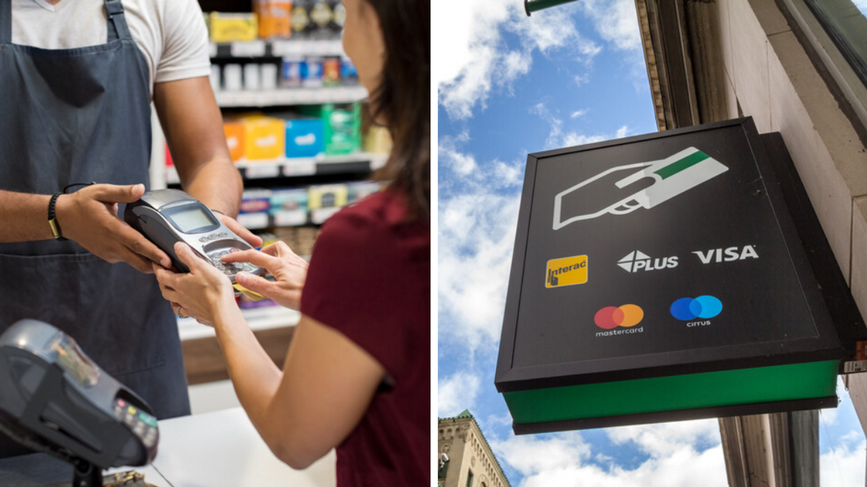 A person pays with credit card. Right: A sign on an ATM.