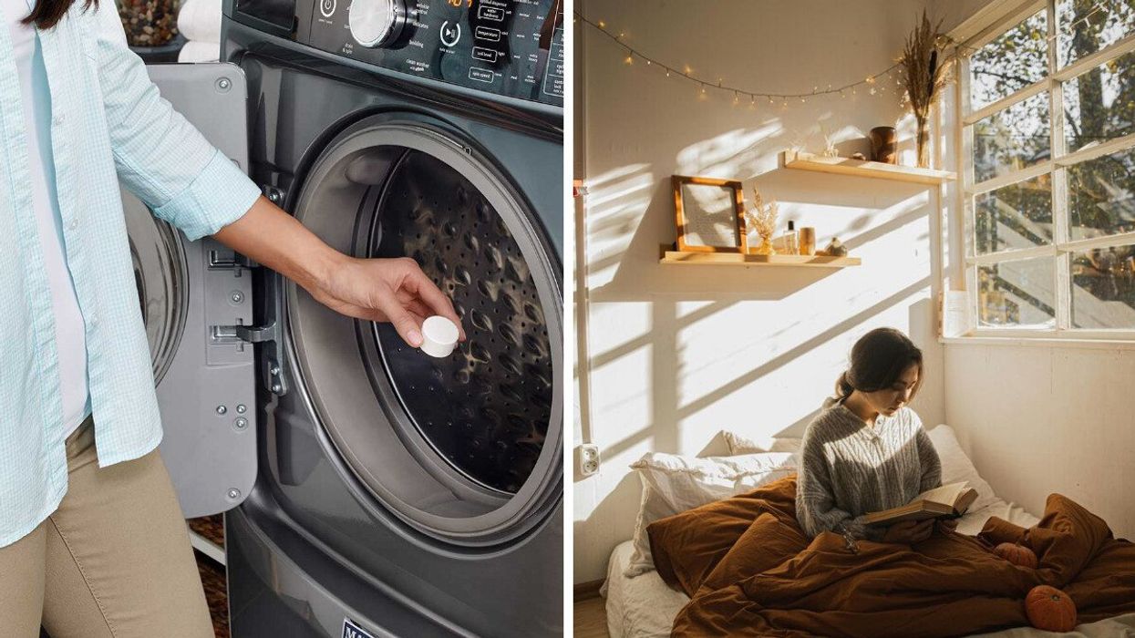 A person places a white cleansing tablet inside a front-loading washing machine. Right: A girl in a sweater reads a book in bed.