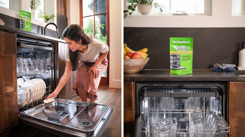 A person places an affresh dishwasher cleaning tablet into the bottom of a loaded dishwasher. Right: A packet of affresh dishwasher cleaning tablets on top of a black kitchen counter above an open washing machine. 