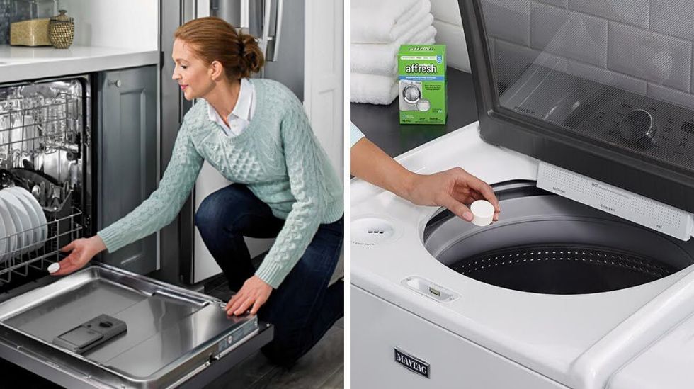 A person placing an affresh cleaning tablet in a dishwasher. Right: A person places an affresh cleaning tablet in a top-loading washer.