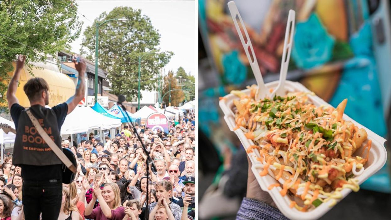 A person playing music for a crowd. Right: Street food.