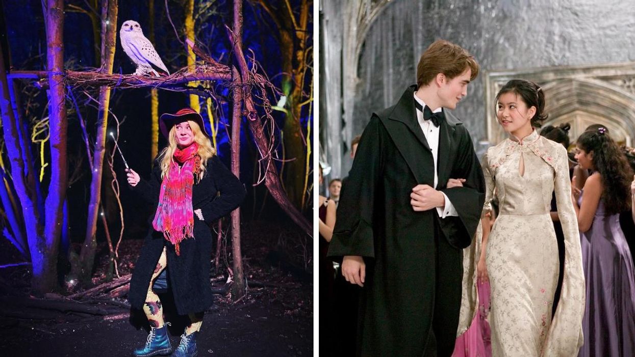 A person poses at the Harry Potter: A Forbidden Forest Experience. Right: Robert Pattinson and Katie Leung in 'Harry Potter and the Goblet of Fire.'