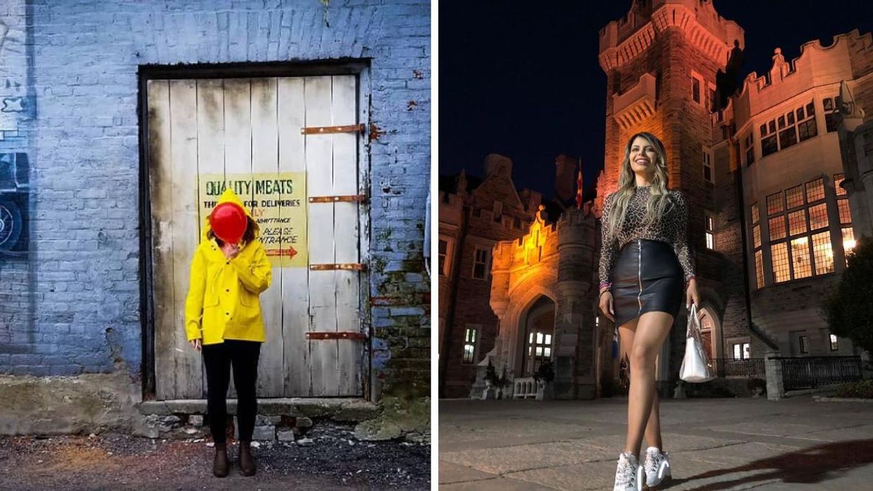 A person poses with a balloon in Port Hope, Ontario. Right: A woman stands in front of Casa Loma in Toronto.